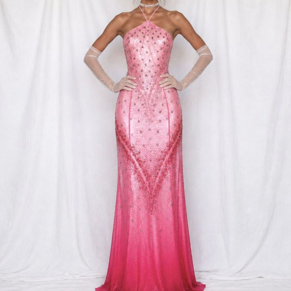 Vintage Y2K 90s Pink Ombre Halter Beaded Mesh Bodycon Maxi Prom Dress Size S